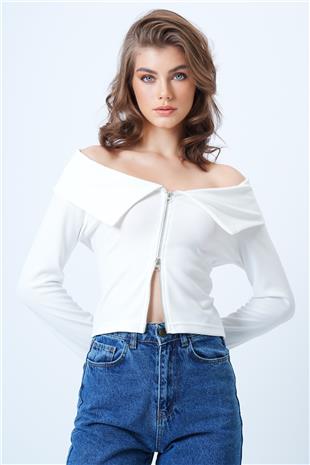 Kadın Beyaz Karmen Yaka Fermuar Detaylı Ottoban Bluz VS01187