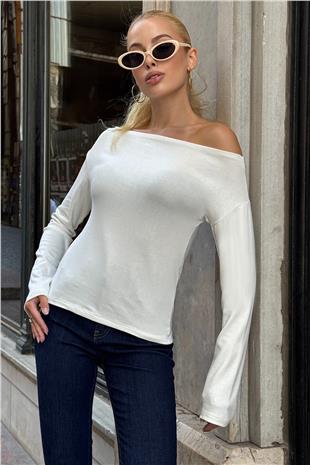 Kadın Beyaz Kayık Yaka Basic Bluz VS00732