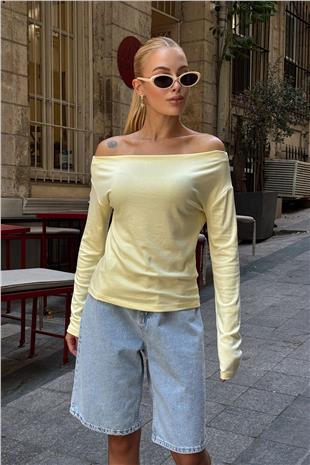 Kadın Tereyağı Sarısı Kayık Yaka Basic Bluz VS00732