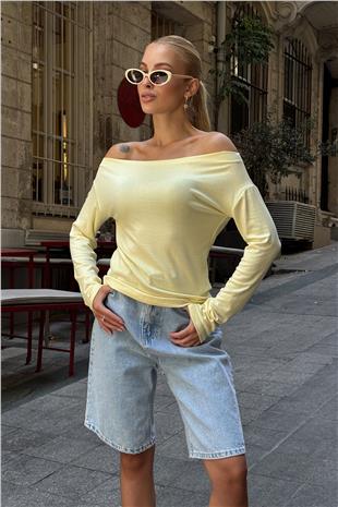 Kadın Tereyağı Sarısı Kayık Yaka Basic Bluz VS00732