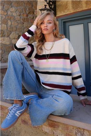 Kadın Mix Kayık Yaka Çizgili Renk Bloklu Triko Kazak ALC-X14509