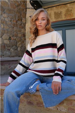 Kadın Mix Kayık Yaka Çizgili Renk Bloklu Triko Kazak ALC-X14509