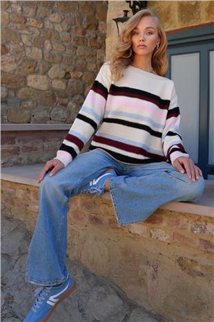Kadın Mix Kayık Yaka Çizgili Renk Bloklu Triko Kazak ALC-X14509