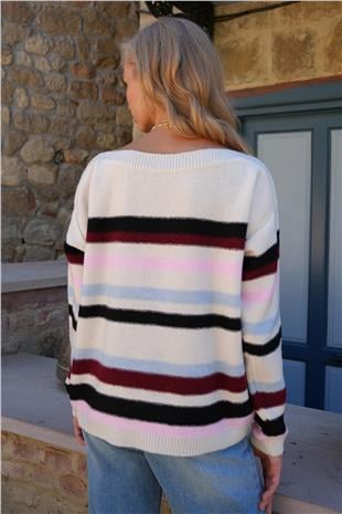 Kadın Mix Kayık Yaka Çizgili Renk Bloklu Triko Kazak ALC-X14509