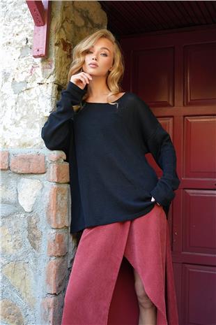 Kadın Siyah Kayık Yaka İnce Örme Kazak ALC-X14468