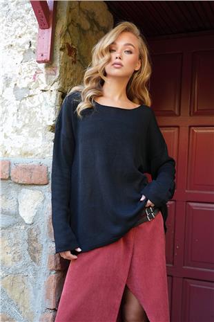 Kadın Siyah Kayık Yaka İnce Örme Kazak ALC-X14468