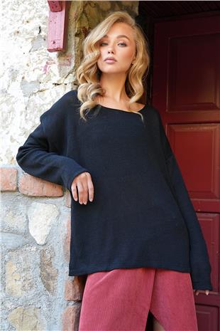 Kadın Siyah Kayık Yaka İnce Örme Kazak ALC-X14468