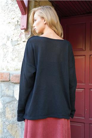 Kadın Siyah Kayık Yaka İnce Örme Kazak ALC-X14468