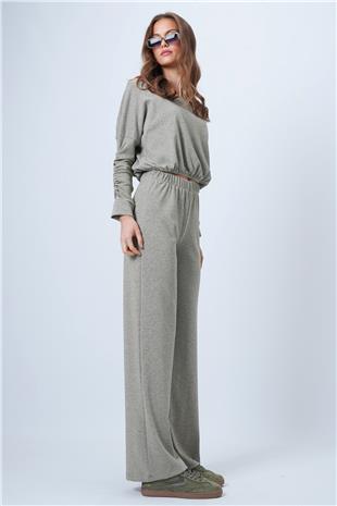 Kadın Simli Bej Kayık Yaka Simli Kolları Büzgü Detaylı Bluz Ve Pantolon Takım VS01319