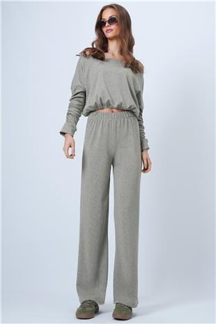 Kadın Simli Bej Kayık Yaka Simli Kolları Büzgü Detaylı Bluz Ve Pantolon Takım VS01319