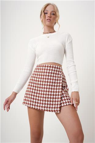 Kadın Kahve Kazayağı Desenli Yanı Fermuarlı Şort Etek ALC-X12770