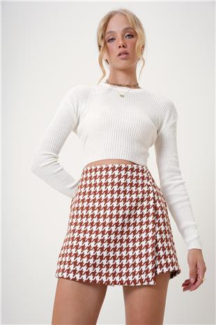 Kadın Kahve Kazayağı Desenli Yanı Fermuarlı Şort Etek ALC-X12770