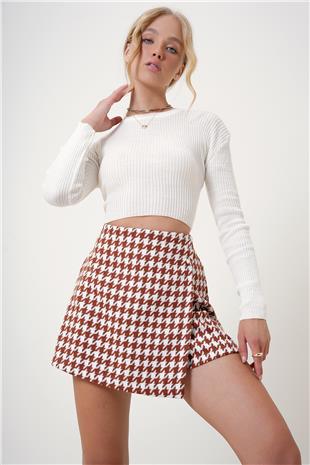 Kadın Kahve Kazayağı Desenli Yanı Fermuarlı Şort Etek ALC-X12770