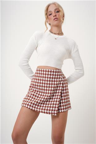 Kadın Kahve Kazayağı Desenli Yanı Fermuarlı Şort Etek ALC-X12770