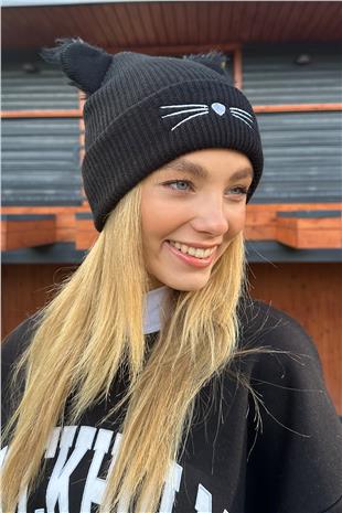 Kadın Siyah Kedi Nakışlı Bere ALC-X11284