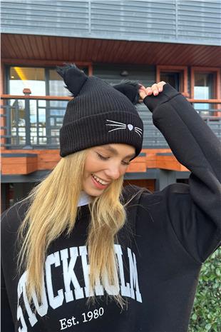 Kadın Siyah Kedi Nakışlı Bere ALC-X11284