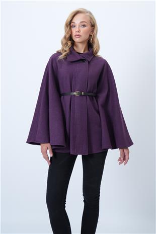 Kadın Mor Kemer Detaylı Kaşe Pelerin Kaban ALC-X14529