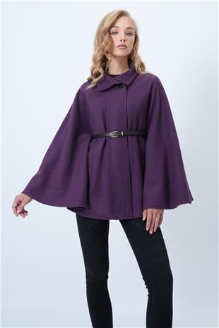 Kadın Mor Kemer Detaylı Kaşe Pelerin Kaban ALC-X14529