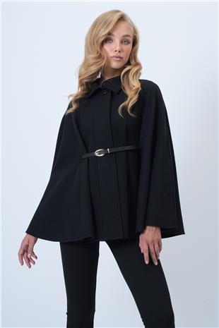 Kadın Siyah Kemer Detaylı Kaşe Pelerin Kaban ALC-X14529