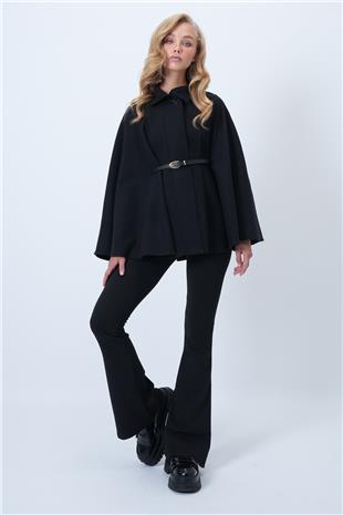 Kadın Siyah Kemer Detaylı Kaşe Pelerin Kaban ALC-X14529