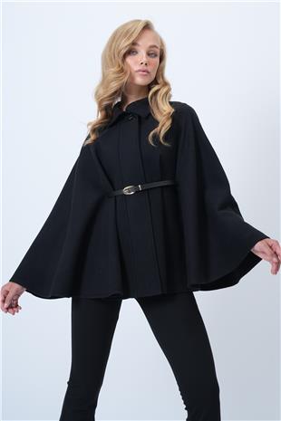Kadın Siyah Kemer Detaylı Kaşe Pelerin Kaban ALC-X14529