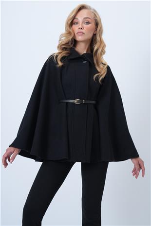 Kadın Siyah Kemer Detaylı Kaşe Pelerin Kaban ALC-X14529