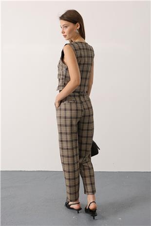 Kadın Bej-Kahve Kemerli Ekose Desenli Havuç Pantolon VS01145