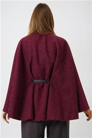 Kadın Bordo Kemerli Gizli Düğmeli Premium Pelerin VS01011