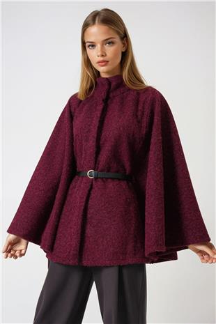 Kadın Bordo Kemerli Gizli Düğmeli Premium Pelerin VS01011