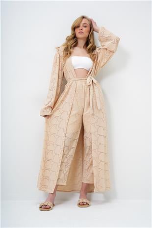 Kadın Bej Kendinden Dokulu Ajurlu Uzun Pantolonlu Kimono Takım ALC-X11710