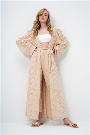 Kadın Bej Kendinden Dokulu Ajurlu Uzun Pantolonlu Kimono Takım ALC-X11710