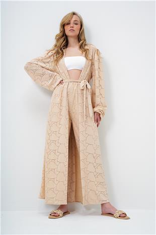 Kadın Bej Kendinden Dokulu Ajurlu Uzun Pantolonlu Kimono Takım ALC-X11710