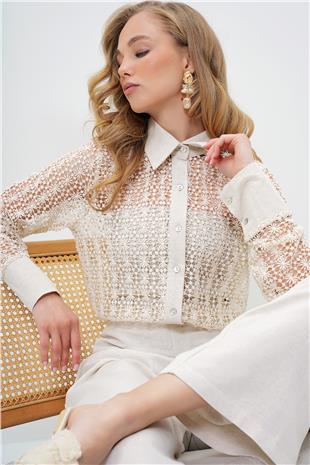 Kadın Krem Güpür Premium Tasarım Ham Keten Gömlek ALC-X14118