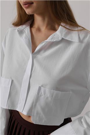Kadın Beyaz Kısa Boy Çift Cep Gömlek VS00594