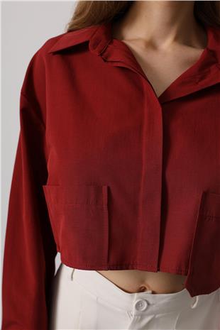 Kadın Bordo Kısa Boy Çift Cep Gömlek VS00594