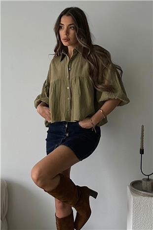 Kadın Haki Kısa Kol Müslin Kumaş Premium Gömlek VS00659