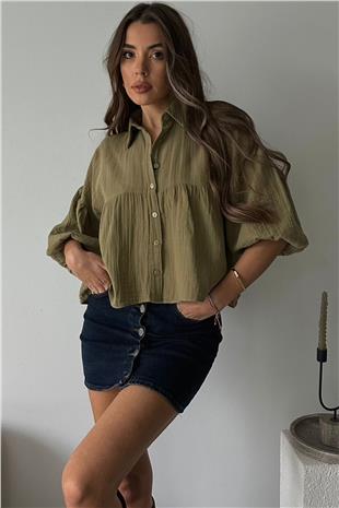 Kadın Haki Kısa Kol Müslin Kumaş Premium Gömlek VS00659