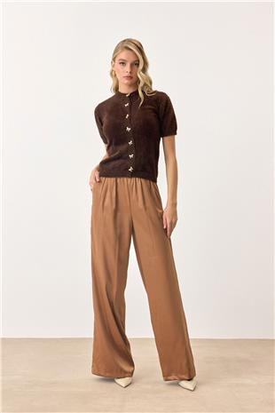 Kadın Acı Kahve Kısa Kollu Düğmeli Triko Hırka VS00892