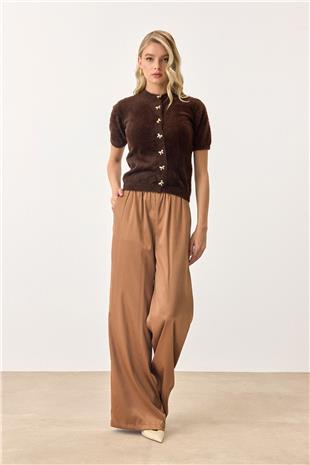 Kadın Acı Kahve Kısa Kollu Düğmeli Triko Hırka VS00892