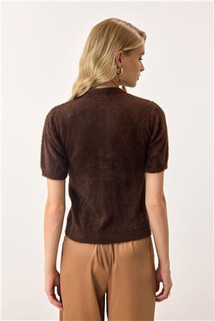 Kadın Acı Kahve Kısa Kollu Düğmeli Triko Hırka VS00892