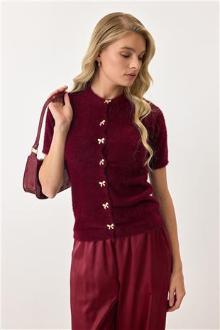 Kadın Bordo Kısa Kollu Düğmeli Triko Hırka VS00892