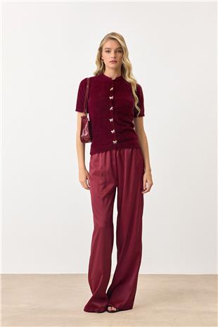 Kadın Bordo Kısa Kollu Düğmeli Triko Hırka VS00892