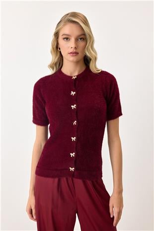 Kadın Bordo Kısa Kollu Düğmeli Triko Hırka VS00892