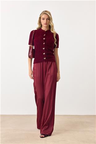 Kadın Bordo Kısa Kollu Düğmeli Triko Hırka VS00892