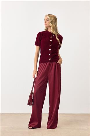 Kadın Bordo Kısa Kollu Düğmeli Triko Hırka VS00892