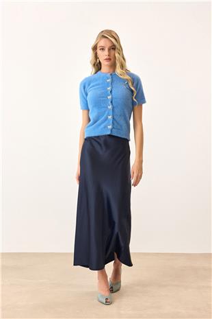 Kadın Mavi Kısa Kollu Düğmeli Triko Hırka VS00892