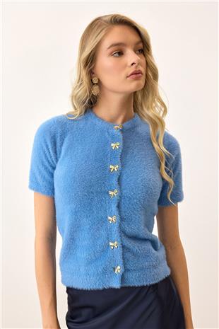 Kadın Mavi Kısa Kollu Düğmeli Triko Hırka VS00892