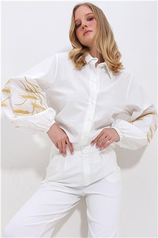 Kadın Beyaz Kolları İşlemeli Poplin Dokuma Gömlek ALC-X11374