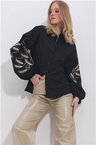 Kadın Siyah Kolları İşlemeli Poplin Dokuma Gömlek ALC-X11374