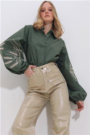 Kadın Haki Kolları İşlemeli Poplin Dokuma Gömlek ALC-X11374